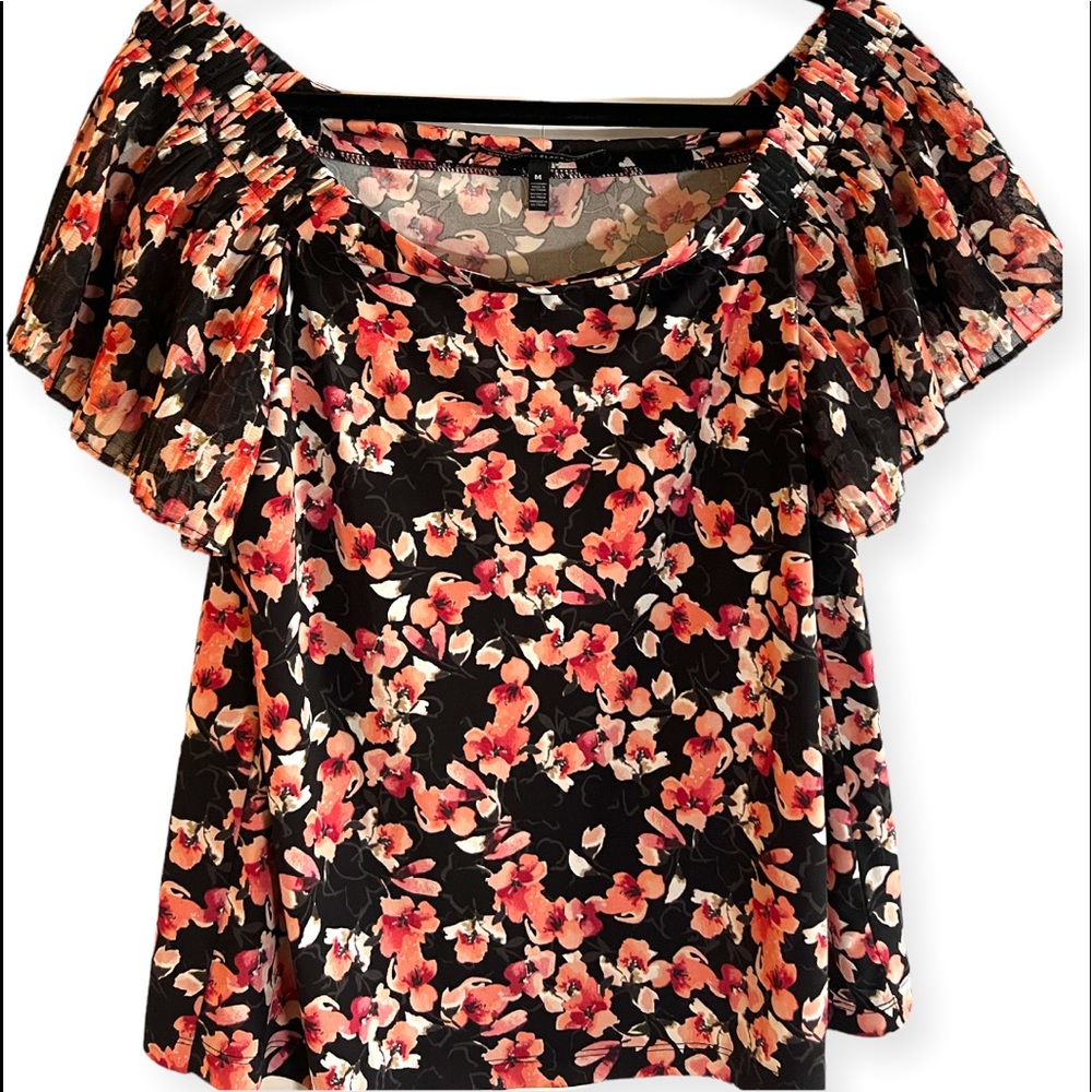 White House Black Market Black/Cherry  Blossom Off the Shoulder Blouse